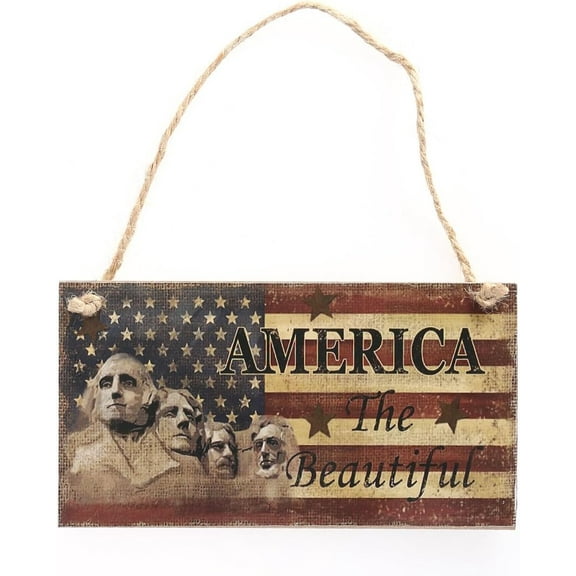 "America the Beautiful" Classic U.S. Flag Hanging Wall Sign (7.87 x 3.94 inches) - Patriotic Decor for Independence Day