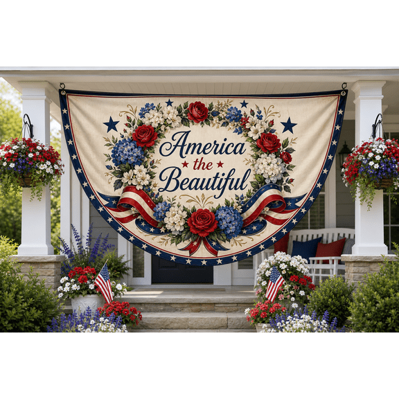 America the Beautiful Semicircle Flag Patriotic Floral Porch Banner