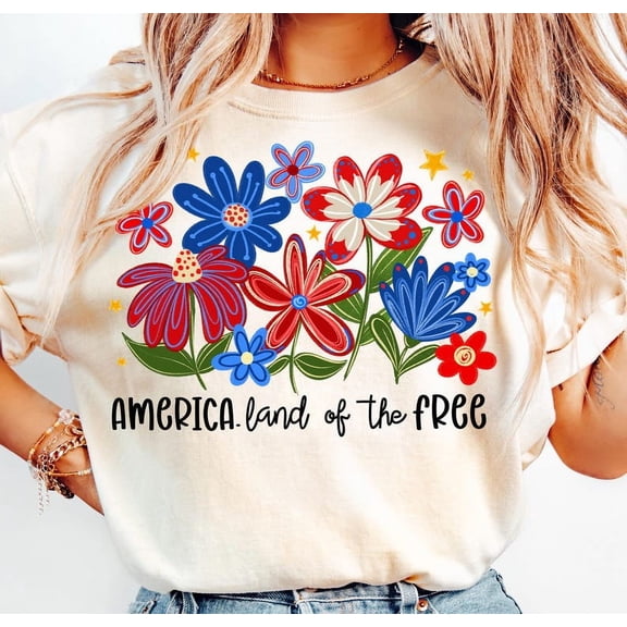 America the Land of the Free Tee – Retro Floral Patriotic T-Shirt with Red White Blue Blossoms