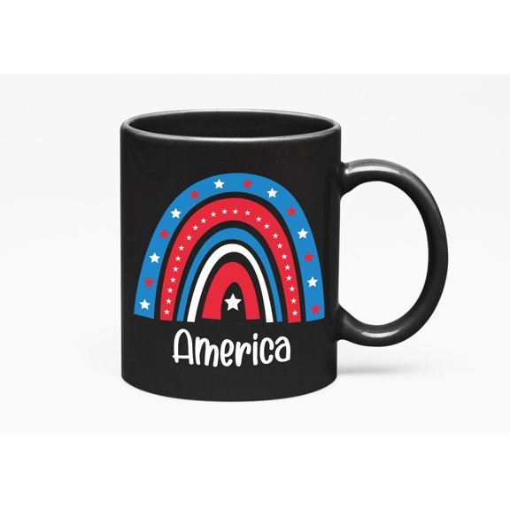 America with USA Flag Inspired Boho Rainbow, 4th of July, Black 11oz Ceramic Mug