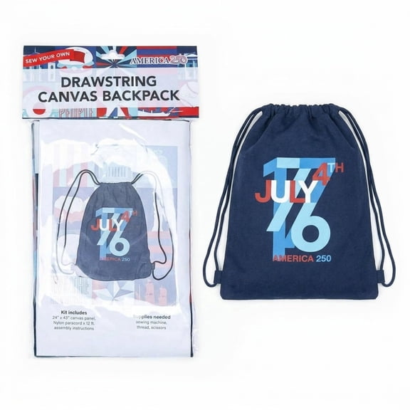 America250 Officially Licensed DIY Drawstring Backpack Sewing Kit, Dark Blue, 17 x 13 Canvas Cinch Bag Project, Includes 24 x 43 Canvas Panel & 12 ft Nylon Paracord, Beginner Sewing Craft Kit