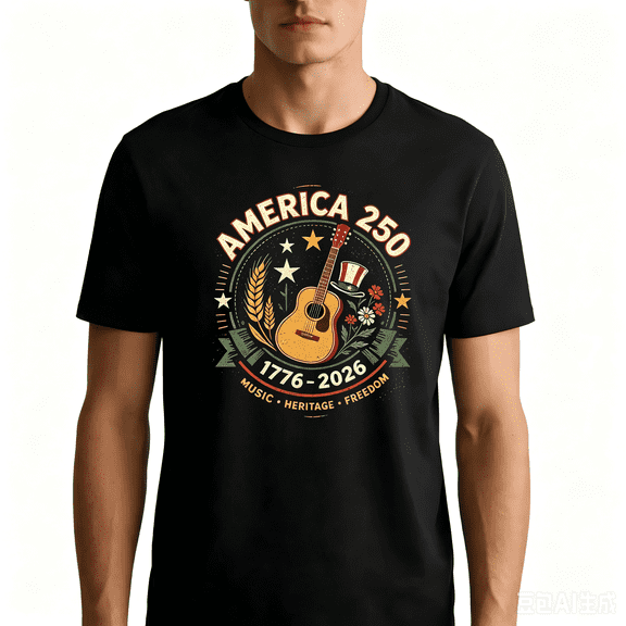 American 250 Badge Guitar 1776-2026 Patriotic Tee 100% Cotton Unisex Alpha T-Shirt US, X-Large, Regular Black