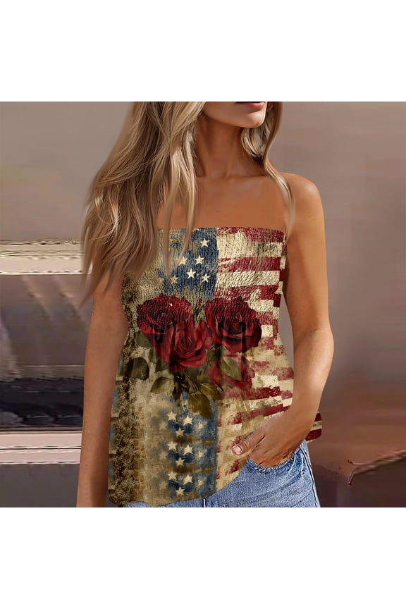 American 250th Anniversary Flag Print Tube Tops for Women Elastic Trim Strapless Vintage Blouse 4th of July Off the Shoulder Pleated Flowy Tube Tops