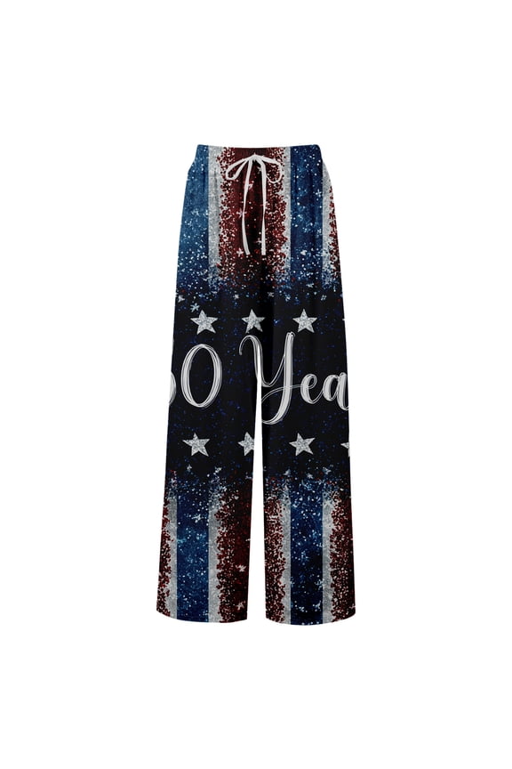 American 250th Anniversary Pants for Women United States USA Flag Print Elastic High Waist Pants Slit Baggy Wide Leg Regular Fit Casual Trousers, #01 Light Blue, XL