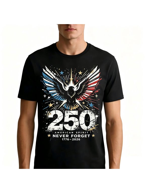 American 250th Anniversary T-Shirt USA Eagle Patriotic Tee Never Forget 100% Cotton Unisex Alpha T-Shirt US, X-Large, Regular Black