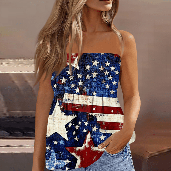 American 250th Anniversary Tube Tops for Women Patriotic Print Casual Pleated Sleeveless Tube Tops Bandeau Tunic Tops Strapless Smocked Tank Tops