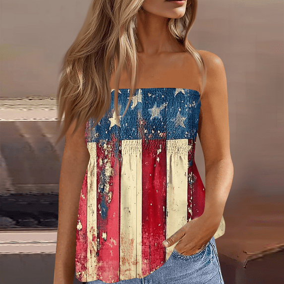 American 250th Anniversary Tube Tops for Women Patriotic Print Casual Pleated Sleeveless Tube Tops Bandeau Tunic Tops Strapless Smocked Tank Tops