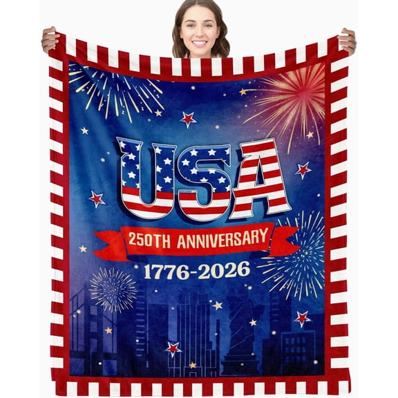 American 250th Birthday Decoration Throw Blanket, 250th Anniversary USA Birthday Blanket, Soft Flannel American 1776-2026 Blankets Gfit for Couch Bed National Holiday 60" x 50"