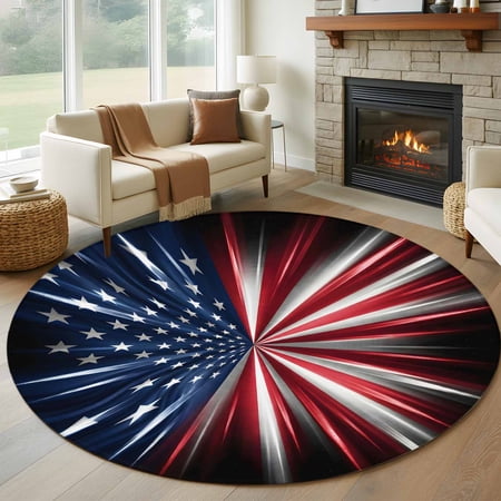 American 4th of July 7' Round Rug for Living Room Conversation Area, Red Blue White Flag Radial Texture Star Country Washable Non Slip Large Circle Area Rug