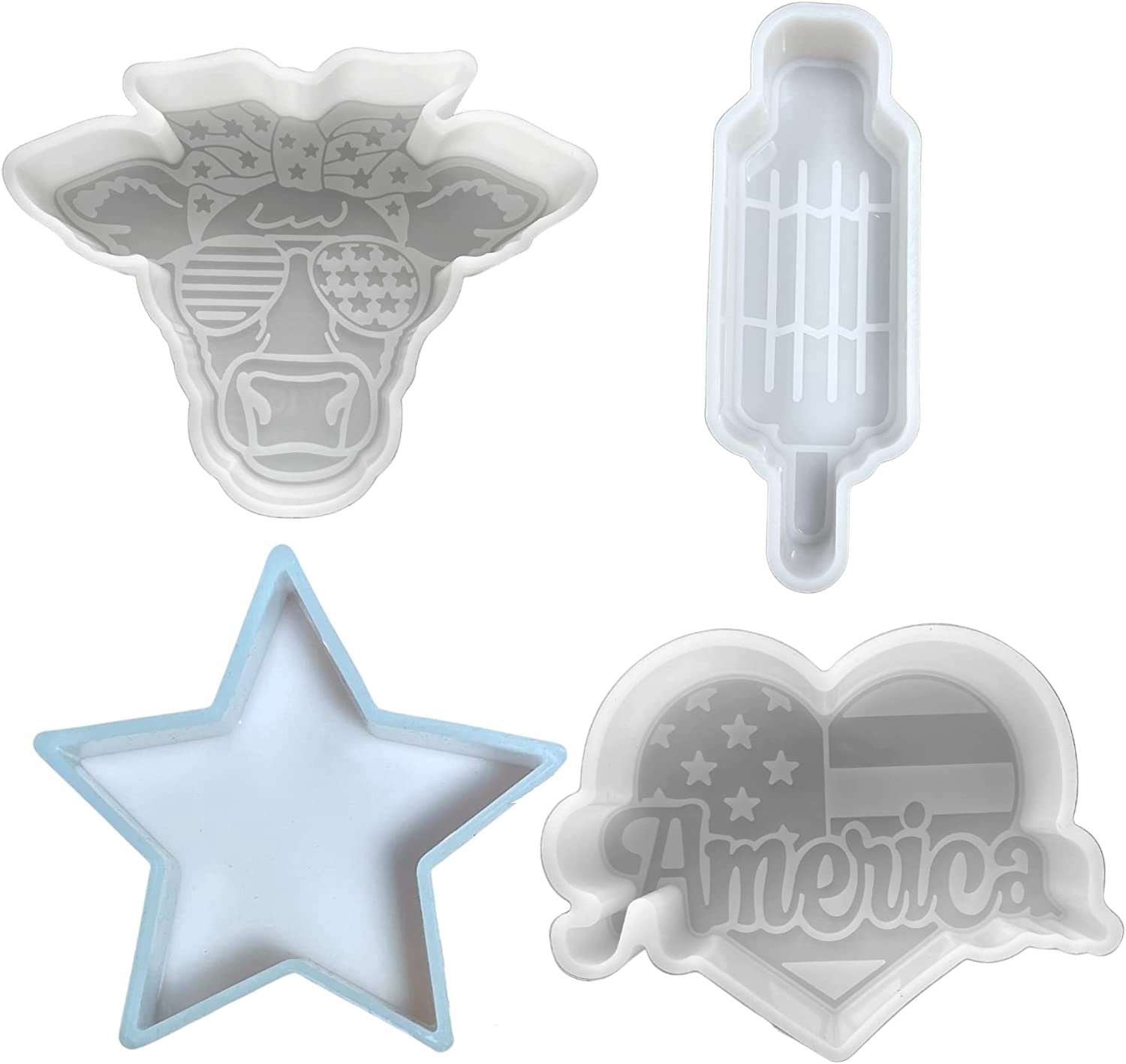 American 4th of July Car Freshie Silicone Molds 4 Pack America Heart, Cow Highland Red White Blue Sunglasses, Star, Bomb Pop Bulk Kit Wholesale American Flag Patriotic