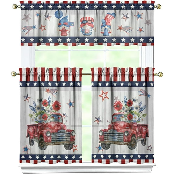 American 4th of July Kitchen Curtains Valances and Tiers Set for Windows, Patriotic Independence Memorial Day Bathroom Window Curtain Valance 3 Piece Sets,Kitchen Decor for Living Room,54''x 36''