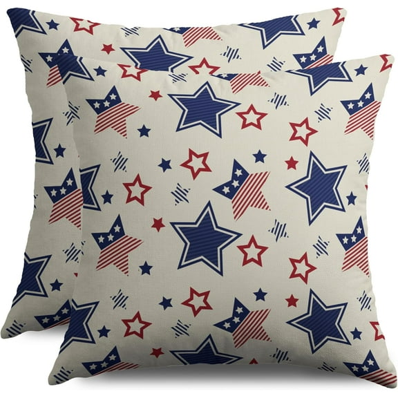 American 4th of July Patriotic Pillow Covers 18X18 Set of 2, Red Blue Cream Star Independence Memorial Day Throw Pillowcovers Holiday Theme Decor Outdoor Farmhouse Cushion Cover Couch Sofa Bed