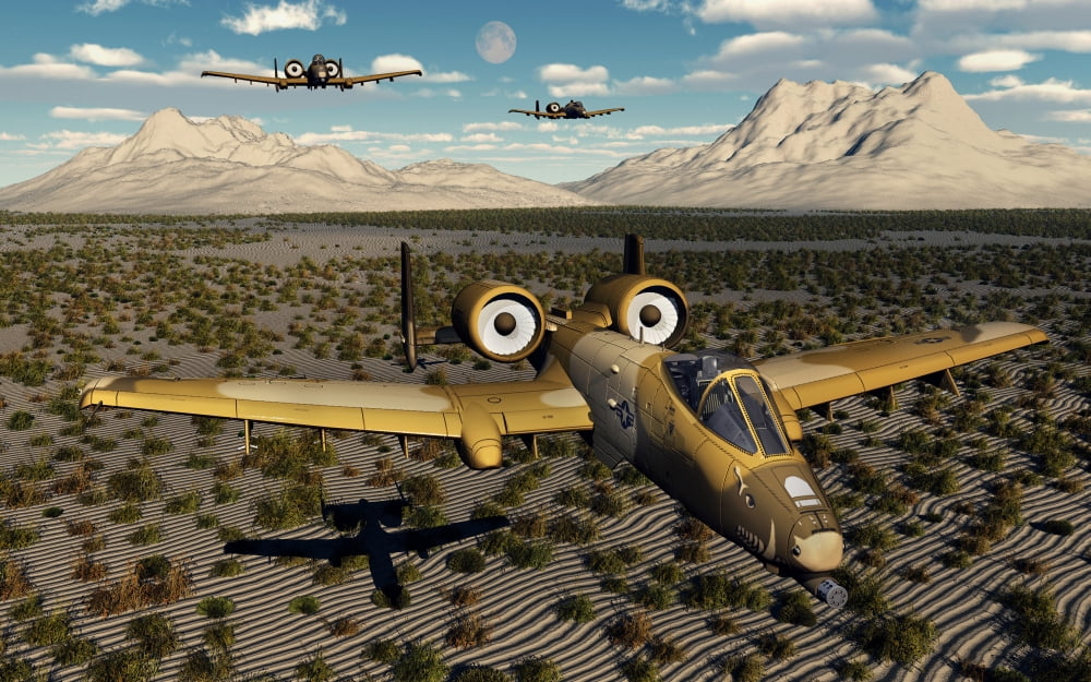 American A-10 Thunderbolts flying in formation over a desert landscape Canvas Art - Mark StevensonStocktrek Images (18 x 12)