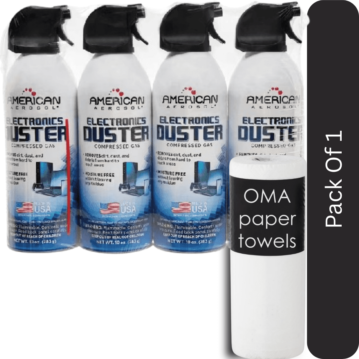 American Aerosol Compressed Gas Electronics Duster – 10 oz Cans, 4-Pack-With Paper Towel By OMA