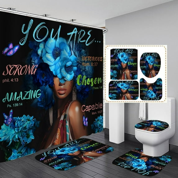 American African Shower Curtains Set, Romantic Black King and Queen Bathroom Sets with Shower Curtain, Toilet Lid Cover, Bath Mat, Waterproof Fabric Shower Curtains with Hooks for Home Decor