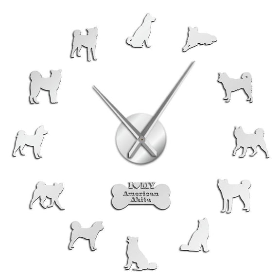 American Akita Dog Breed Self Adhesive 3D DIY Wall Clock Akita Owner Gift Living Room Unique Design Mirror Sticker Wall Watch(Silver,27inch)
