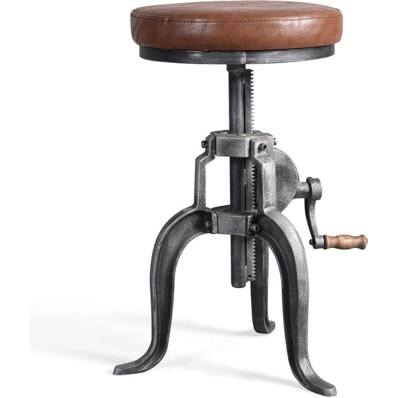 American Antique Steampunk Deco Vintage Industrial Bar Cafe Stool, Retro Stylish 3-Leg Cast Iron Base Swivel Round Leather Top, Easily Adjusts by Crank Handle