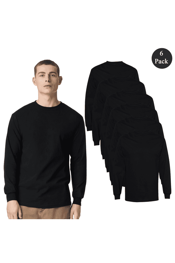 Adult Men's Long Sleeve T-Shirt, Heavyweight Cotton Crew Neck Casual Comfort Tee, Black, 6 Pack, S