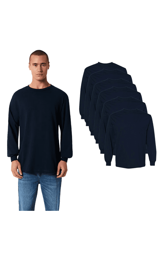 Adult Men's Long Sleeve T-Shirt, Heavyweight Cotton Crew Neck Casual Comfort Tee, (True Navy, 6 Pack, M )