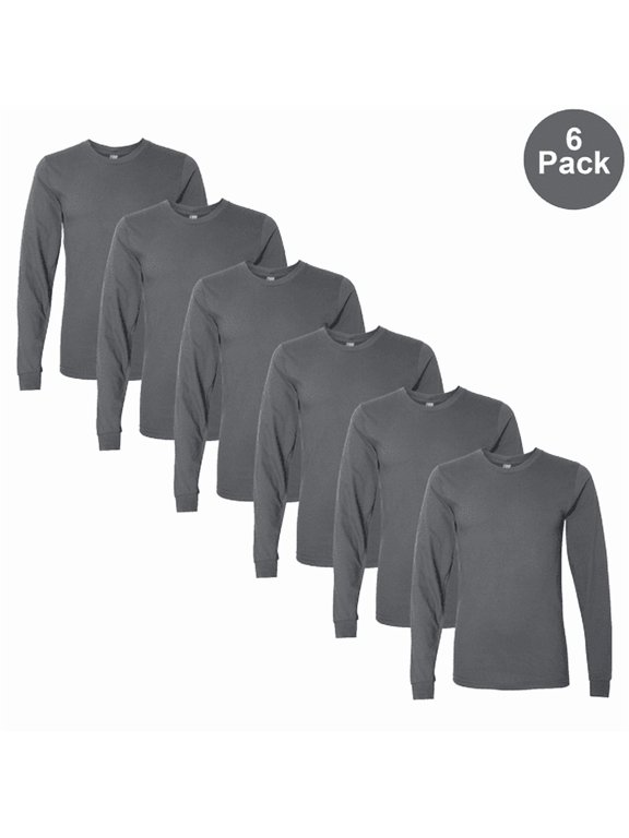 Fine Jersey Long Sleeve T-Shirt, Men Moisture-Wicking Asphalt Bulk Tee S, 6-Pack