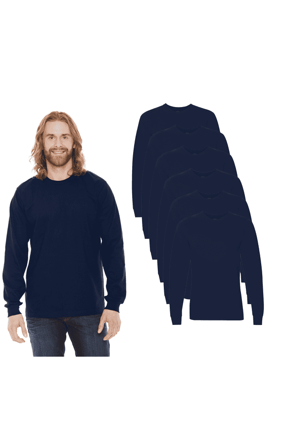 Fine Jersey Long Sleeve T-Shirt for Men | Classic Crew Neck Tee | 4.5oz 100% combed ring-spun cotton | Pack of 6, Size M