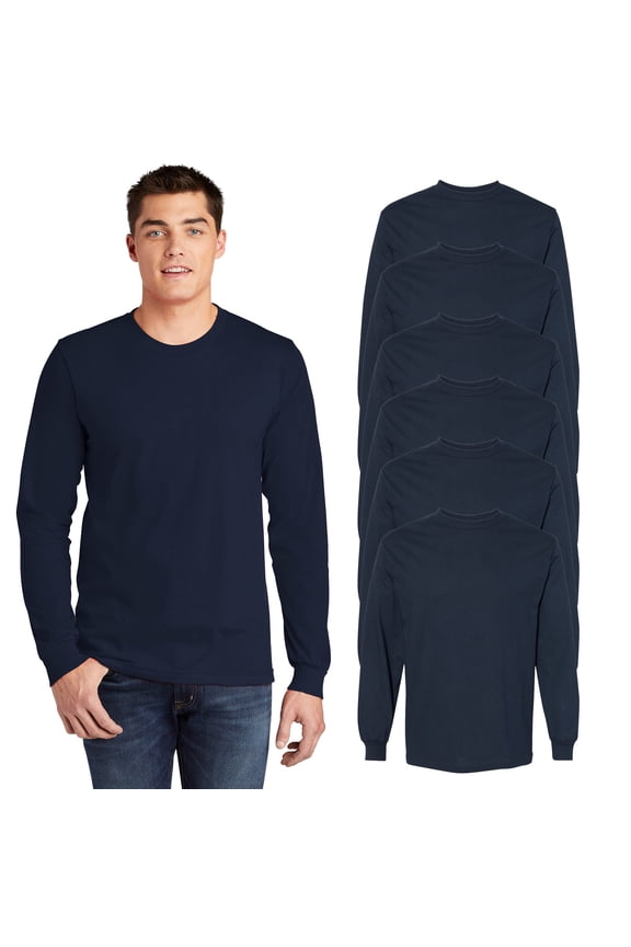 Fine Jersey Long Sleeve T-Shirt for Men, Soft Comfortable Tee, Navy, 6 Pack, M