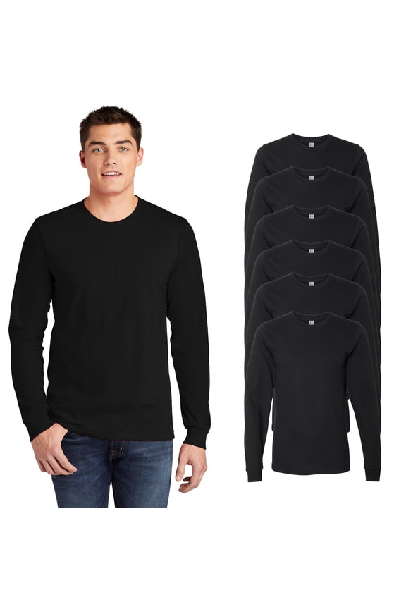 Fine Jersey Long Sleeve Tee, Men Crewneck Cotton Full T-Shirt, Black 6-Pack, S