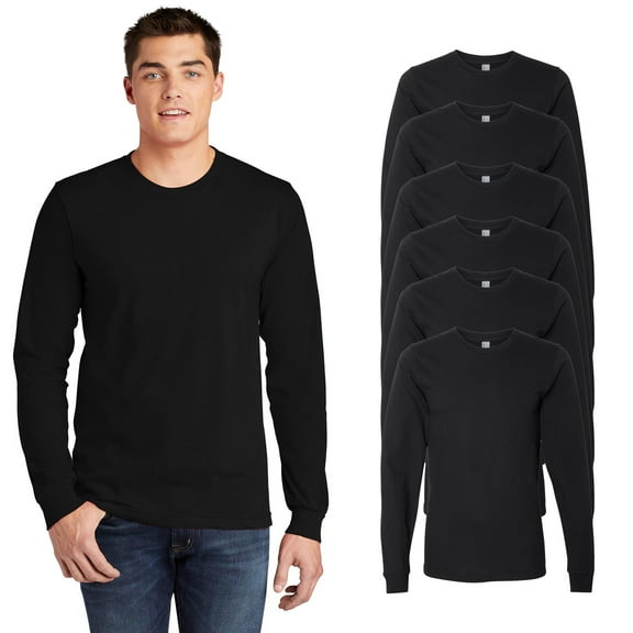 American Apparel Fine Jersey Long Sleeve Tee, Men Crewneck Cotton Full T-Shirt, Black 6-Pack, XL