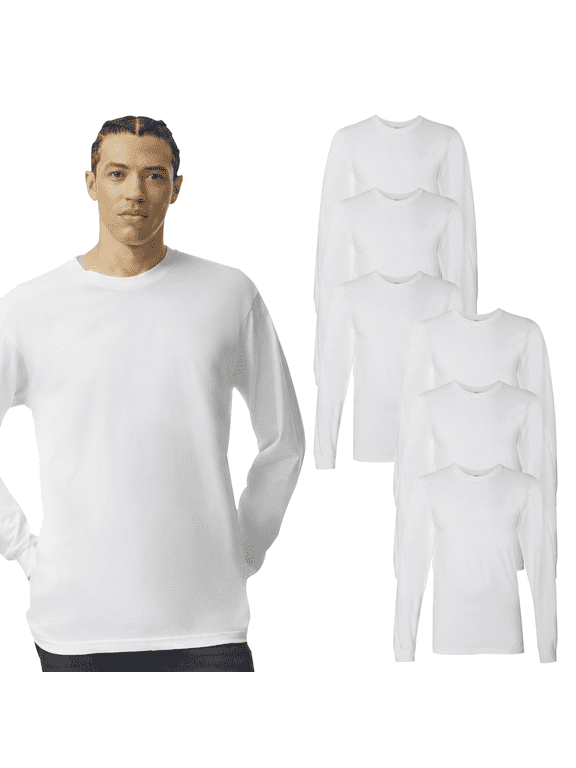 Fine Jersey Men's Long Sleeve T-Shirt, Crewneck Cotton Bulk Tee, White-6 Pack, 3XL