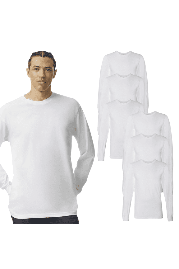 Fine Jersey Men's Long Sleeve T-Shirt, Crewneck Cotton Bulk Tee, White-6 Pack, XL