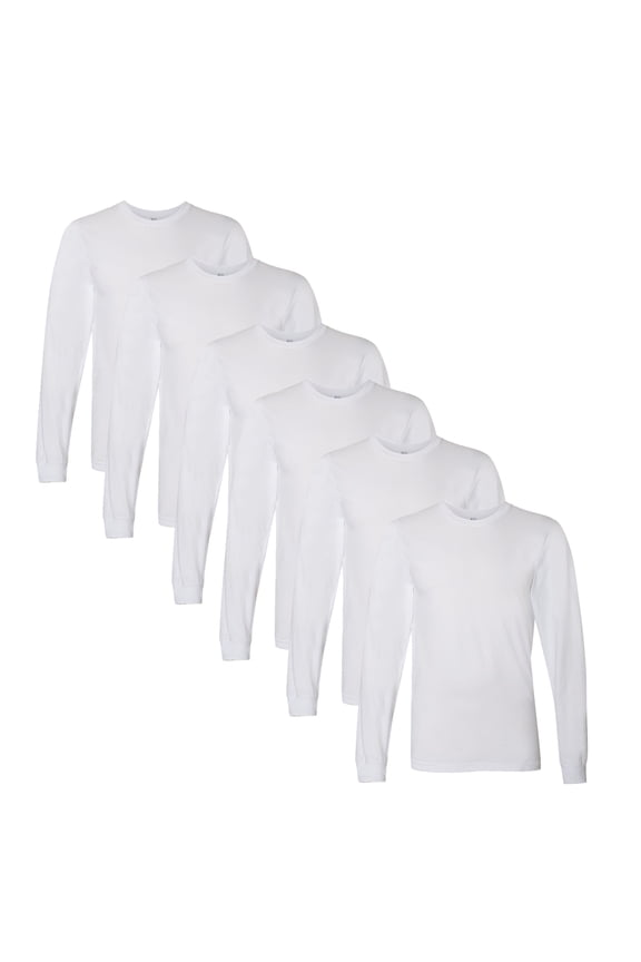 Long Sleeve T-Shirt, Crew Neck Fine Jersey Casual Tee 100% Cotton Thread (White Color, 6 Pack 3XL)
