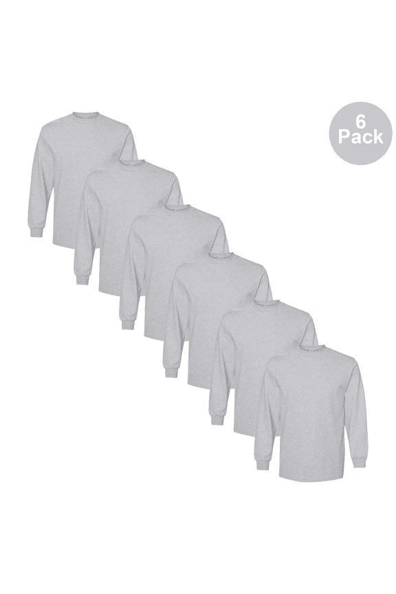 Men Crew Neck Heavyweight Cotton T-Shirt, 6-Pack, Long Sleeve Heather Grey Tee, 3XL