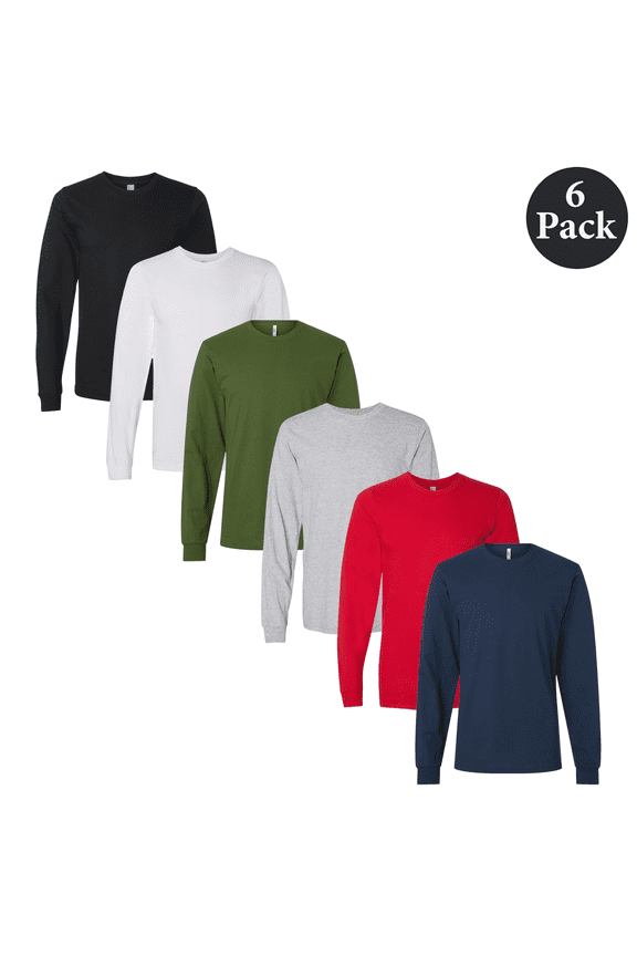 Men's Fine Jersey T-Shirt, Long Sleeve Crew Neck Tee, Assorted Color, S, 6 Pack