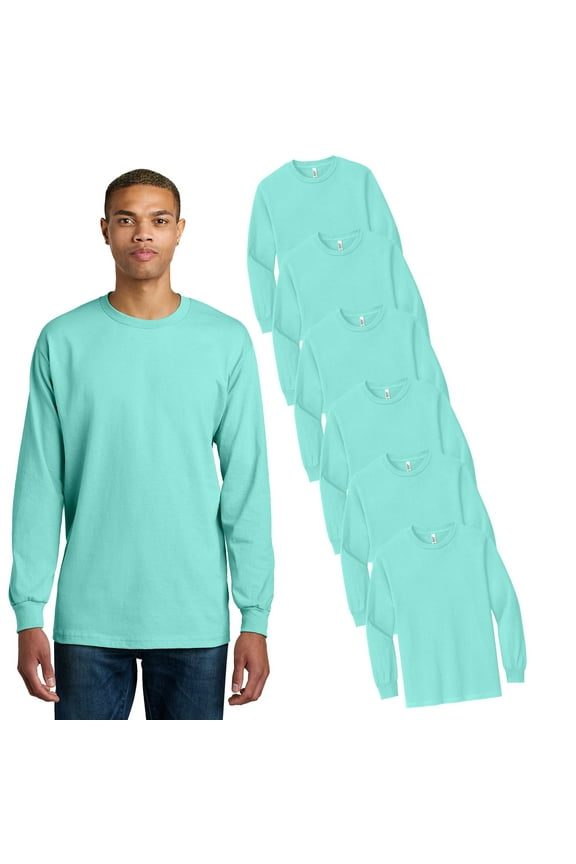 Men's Heavyweight Cotton Long Sleeve T-Shirt, Durable Rib Cuffs, Celadon, Pack 6, S