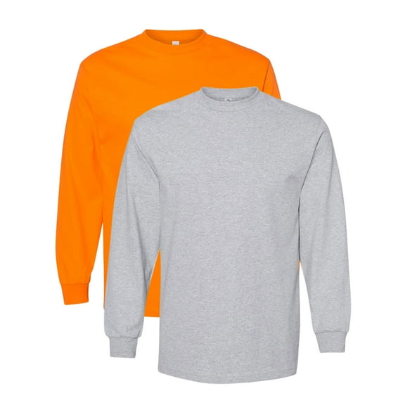 American Apparel Men's Heavyweight Cotton Long Sleeve T-Shirts, Tee Shirt 100% Cotton Crewneck Tee (Heather Grey+Orange 2 Pack, M)