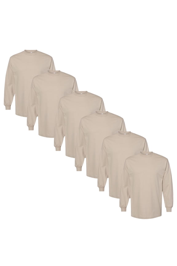 Men's Heavyweight Cotton T-Shirt, Long Sleeve Crew, Relaxed Fit, Sand, S, 6 Pack