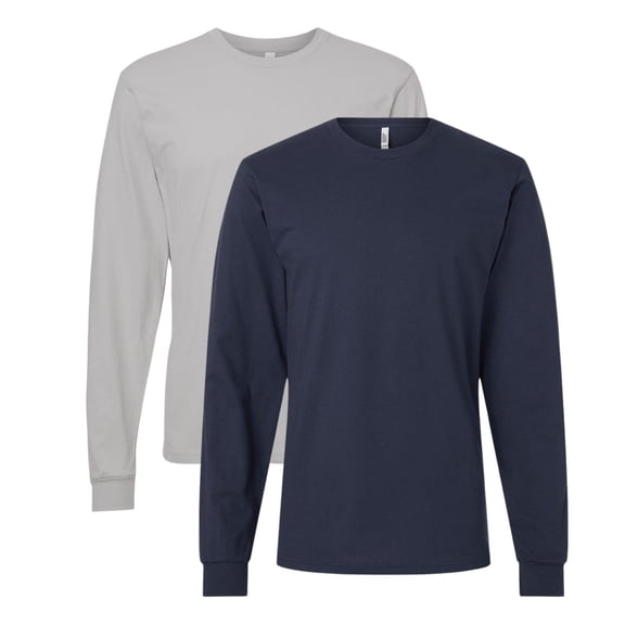American Apparel Unisex Fine Jersey Long Sleeve T-Shirts, Crewneck Tee Shirt 100% Ring-spun Cotton Tee (New Silver+Navy 2 Pack, XL)