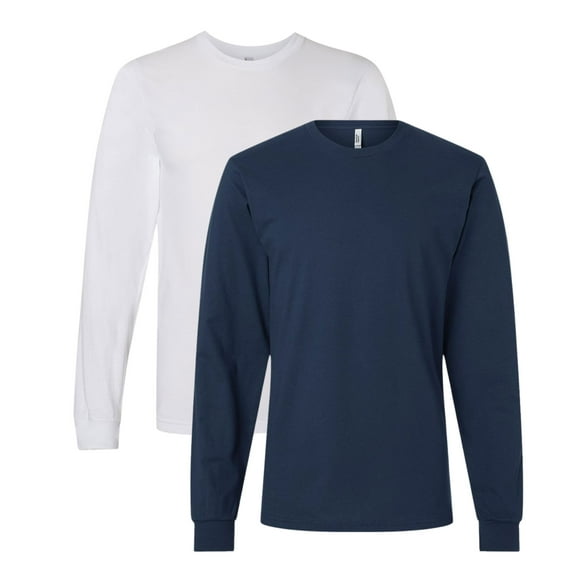 American Apparel Unisex Fine Jersey Long Sleeve T-Shirts, Crewneck Tee Shirt 100% Ring-spun Cotton Tee (White+Sea Blue 2 Pack, M)