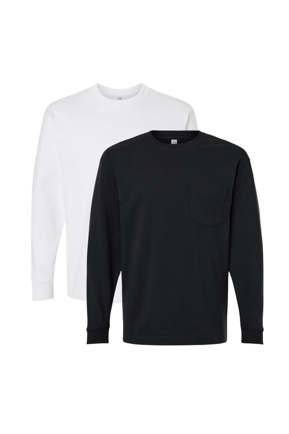 Unisex Heavyweight Long Sleeve Pocket Tee 80/20 Ring-Spun Cotton/Polyester Casual T-Shirt (Black+White 2 Pack, M)