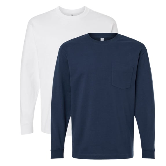 American Apparel Unisex Heavyweight Long Sleeve Pocket Tee 80/20 Ring-Spun Cotton/Polyester Casual T-Shirt (Sea-Blue+White 2 Pack, M)