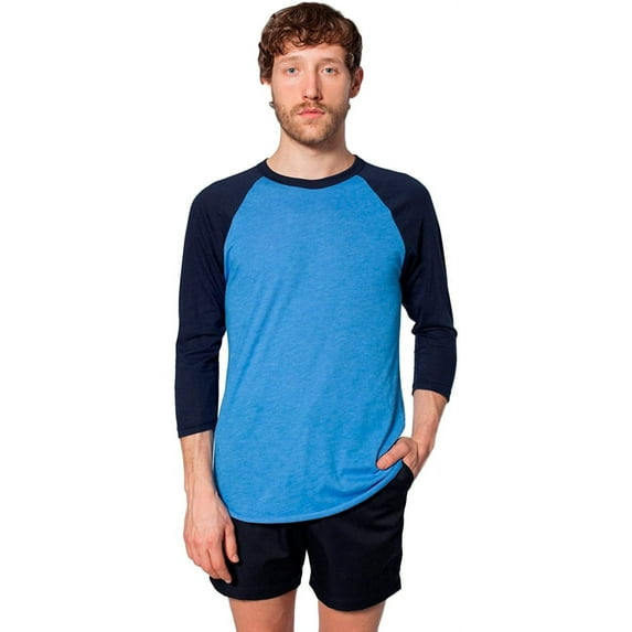 American Apparel Unisex Poly-Cotton 3/4-Sleeve Raglan T-Shirt Heather Lake Blue/ Navy XS