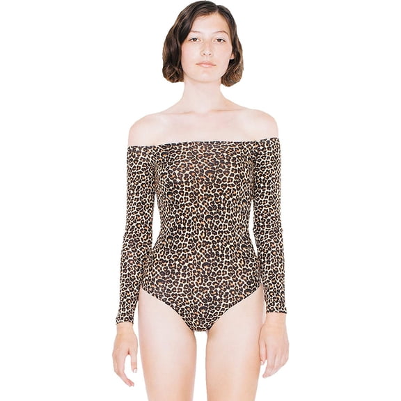 American Apparel Women Cotton Spandex Off-Shoulder Long Sleeve Bodysuit, Cheetah, Large