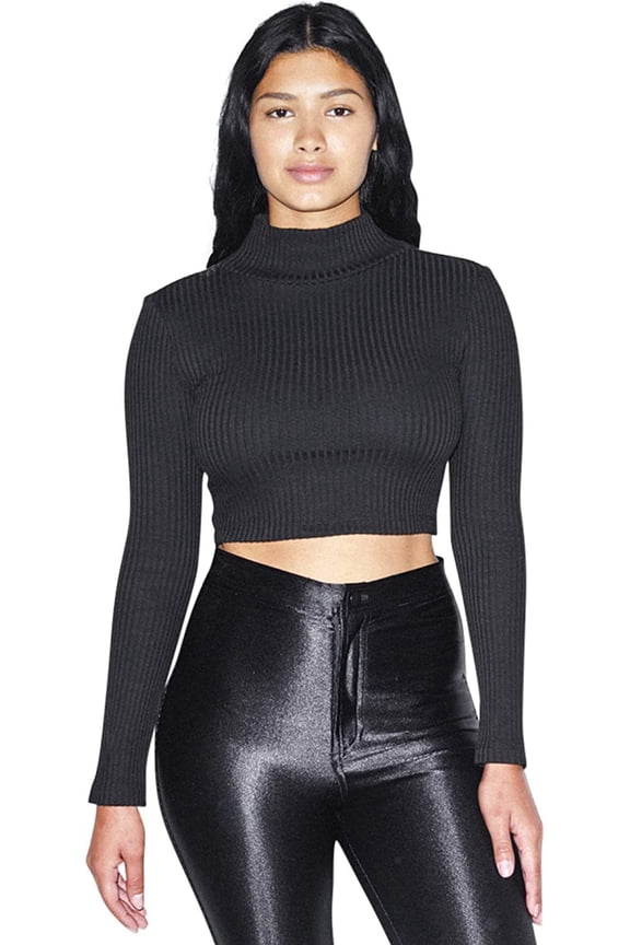 Women Thick Rib Long Sleeve Crop Turtleneck, Black, Medium
