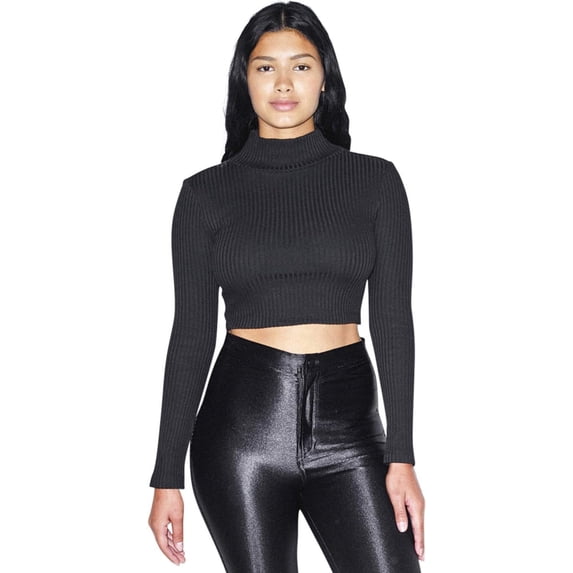 American Apparel Women Thick Rib Long Sleeve Crop Turtleneck, Black, Small