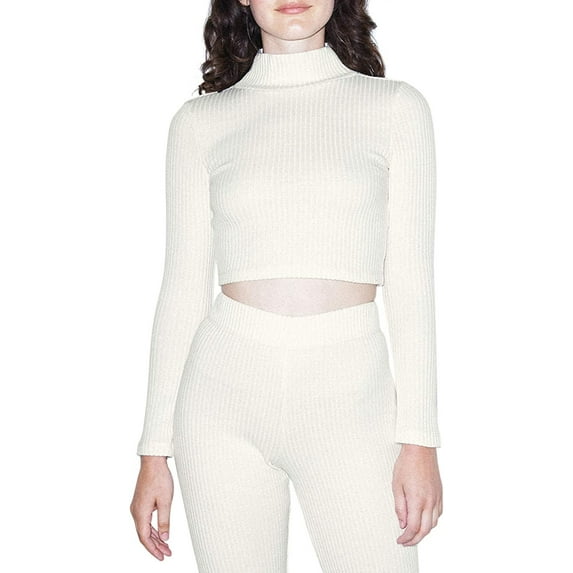 American Apparel Women Thick Rib Long Sleeve Crop Turtleneck, Star White, Medium
