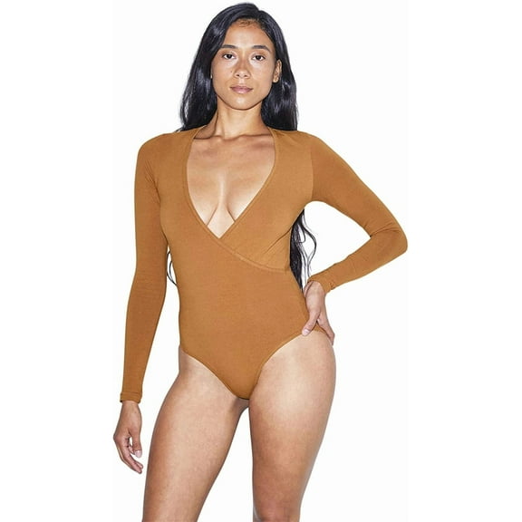 American Apparel Women's Cotton Spandex Long Sleeve Cross V Bodysuit, Nude 5, Medium