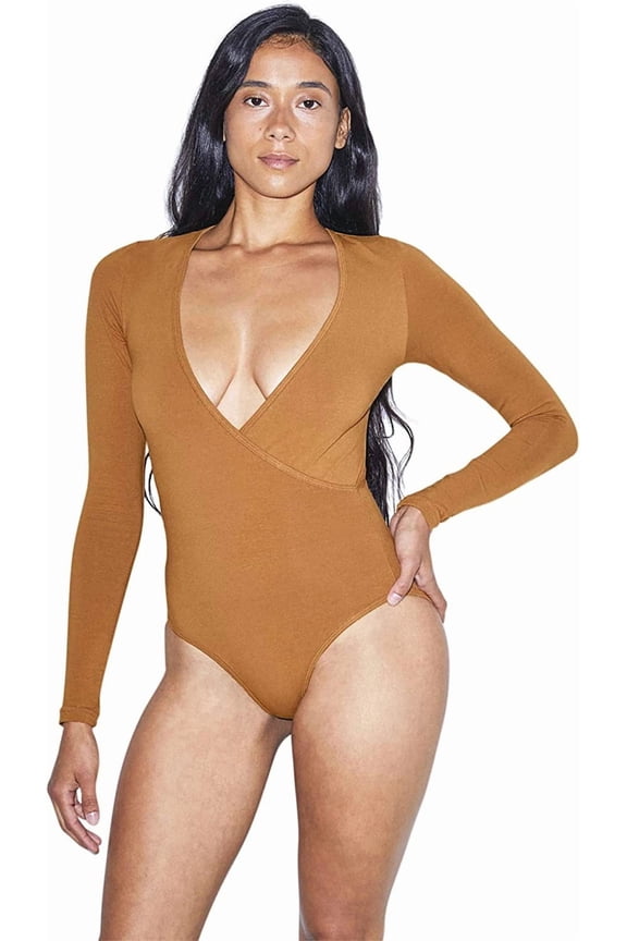 Women's Cotton Spandex Long Sleeve Cross V Bodysuit, Nude 5, Medium