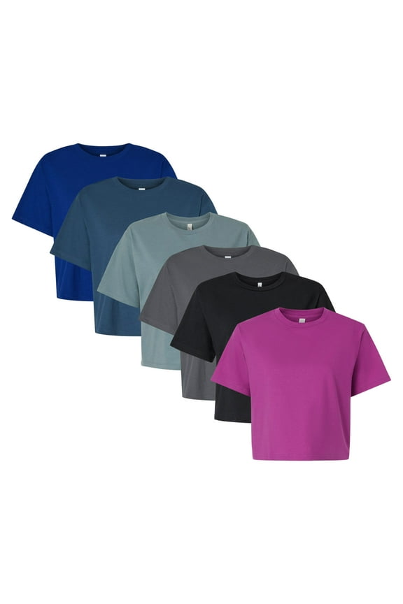 Women’s Fine Jersey Boxy T-Shirt 100% Cotton, Plain Solid Tees Bulk Assorted Pack T-Shirt (Dark Color 6 Pack, L)