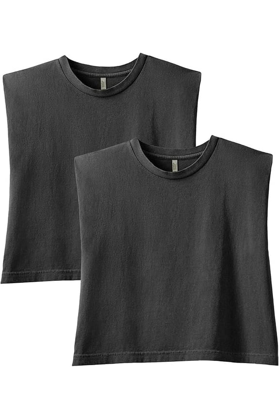 Womens Heavyweight Cotton, Boxy, Cropped, and Garment Dyed Muscle T-Shirt, Style G307GD, 2-Pack, Faded Black (2-pack), Medium