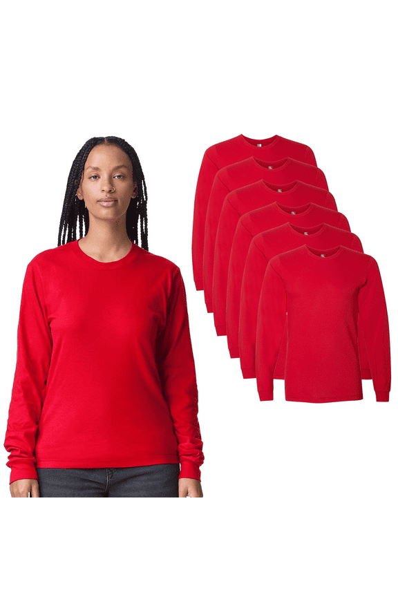 Women’s Long Sleeve T-Shirt, 100% Cotton Classic Crew Neck Jersey Long Tee, ( Red, 6 Pack, M )